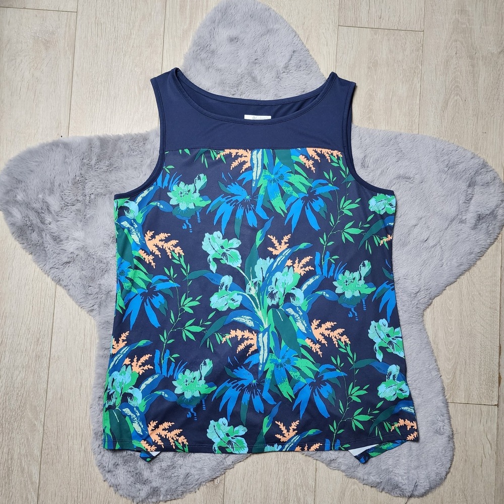 Columbia Tropical Floral Navy Blue Green Sleeveless Split Back Active Top Large